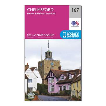 Pink Ordnance Survey Landranger 167 Chelmsford, Harlow & Bishop's Stortford Map With Digital Version