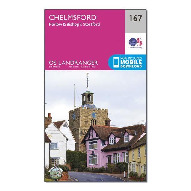 Pink Ordnance Survey Landranger 167 Chelmsford, Harlow & Bishop's Stortford Map With Digital Version image 1