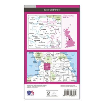 Pink Ordnance Survey Landranger 103 Blackburn & Burnley, Clitheroe & Skipton Map With Digital Version