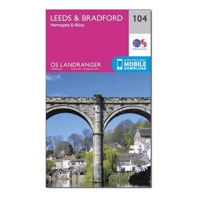 Pink Ordnance Survey Landranger 104 Leeds & Bradford, Harrogate & Ilkley Map With Digital Version image 1