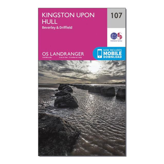 Pink Ordnance Survey Landranger 107 Kingston upon Hull, Beverley & Driffield Map With Digital Version image 1