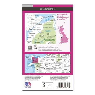 Pink Ordnance Survey Landranger 115 Snowdon & Caernarfon Map With Digital Version