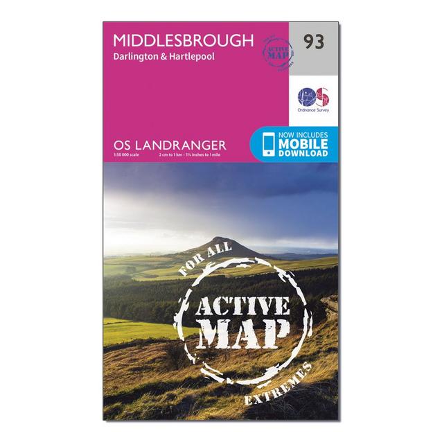 Pink Ordnance Survey Landranger Active 93 Middlesbrough, Darlington & Hartlepool Map With Digital Version image 1