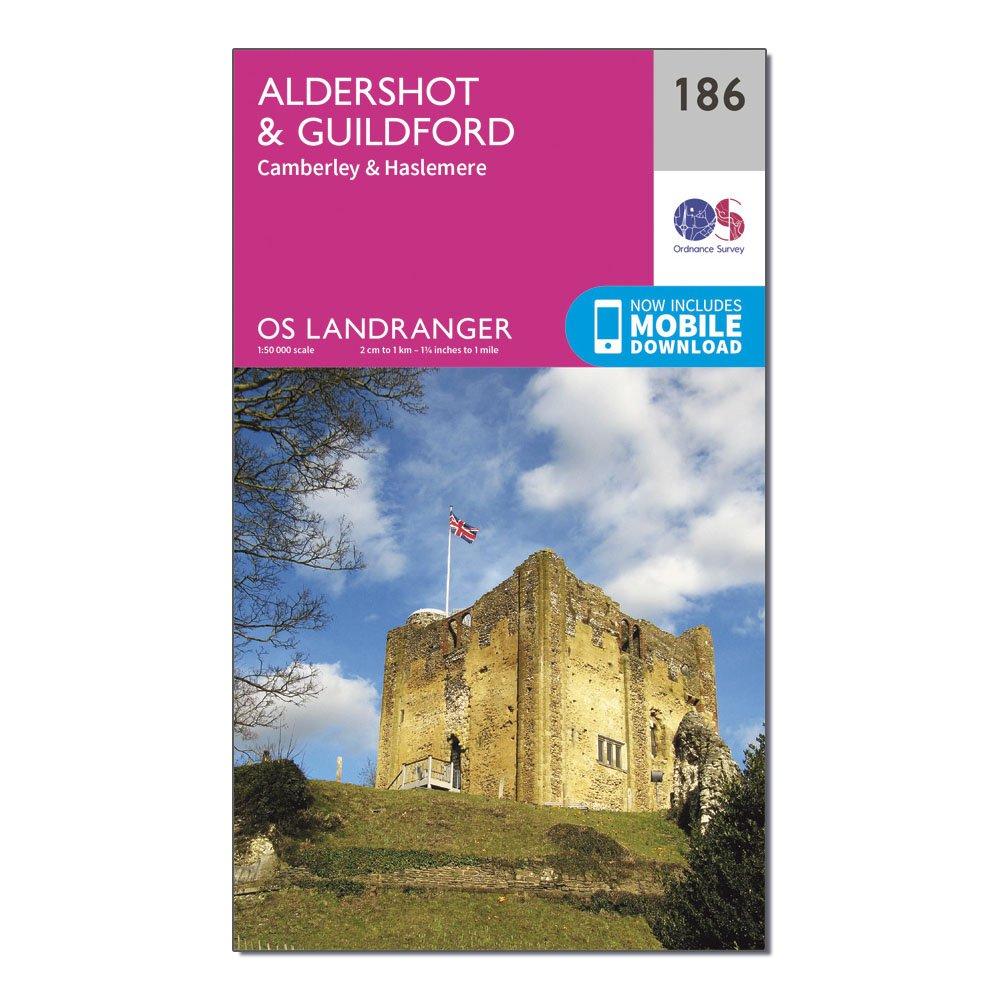 Image of Ordnance Survey Landranger 186 Aldershot & Guildford, Camberley & Haslemere Map With Digital Version - Pink, Pink