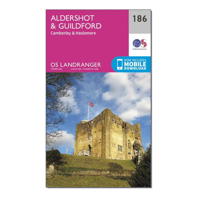 Pink Ordnance Survey Landranger 186 Aldershot & Guildford, Camberley & Haslemere Map With Digital Version image 1