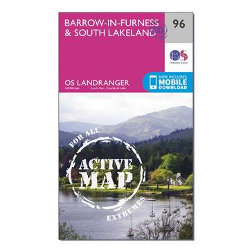 Pink Ordnance Survey Landranger Active 96 Barrow-in-Furness & South Lakeland Map With Digital Version