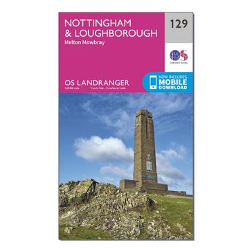 Pink Ordnance Survey Landranger 129 Nottingham & Loughborough, Melton Mowbray Map With Digital Version