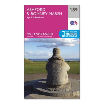 Pink Ordnance Survey Landranger 189 Ashford & Romney Marsh, Rye & Folkestone Map With Digital Version