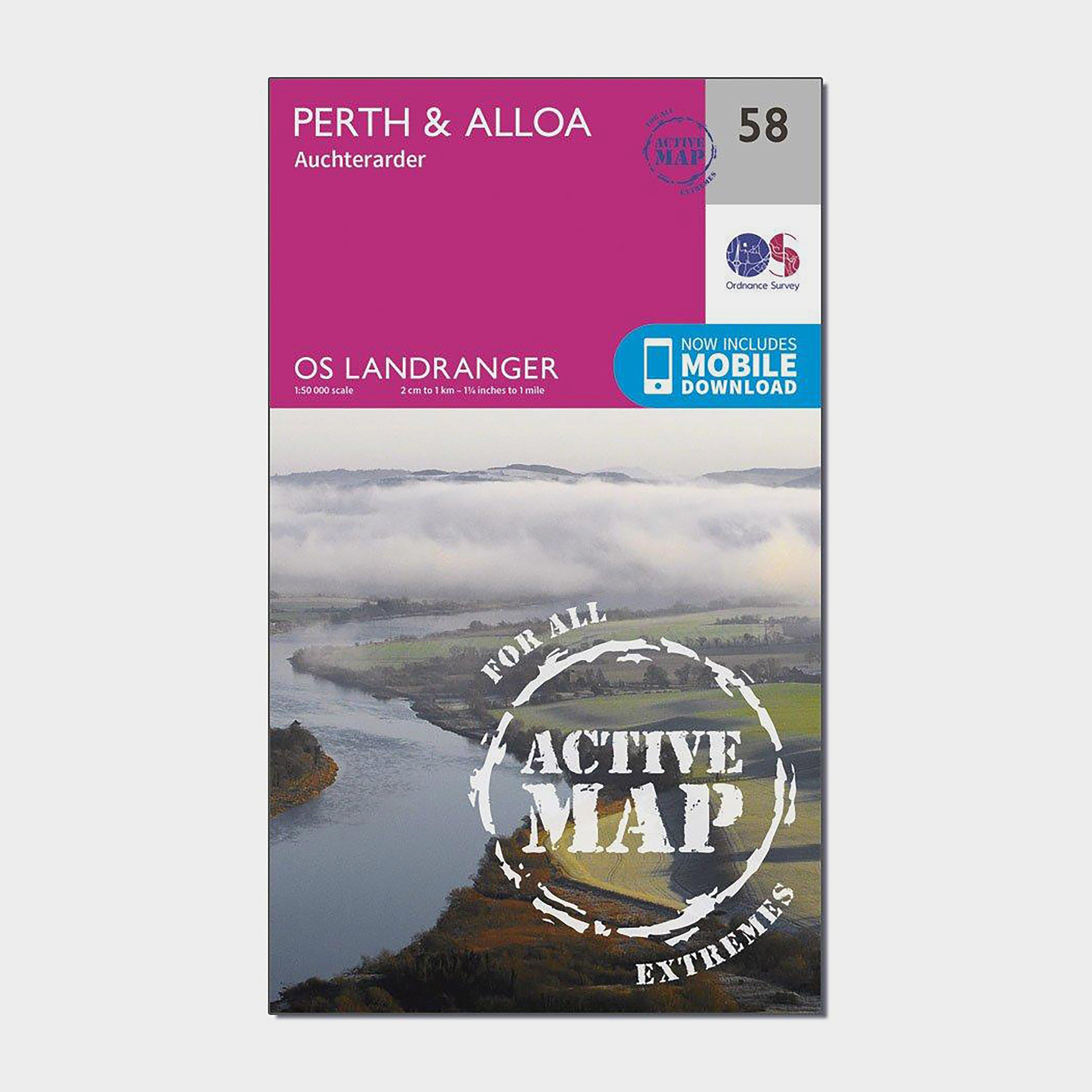 Image of Ordnance Survey Landranger Active 58 Perth & Alloa, Auchterarder Map With Digital Version - Pink, Pink