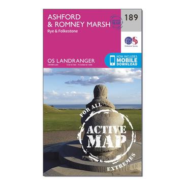 Pink Ordnance Survey Landranger Active 189 Ashford & Romney Marsh, Rye & Folkestone Map With Digital Version