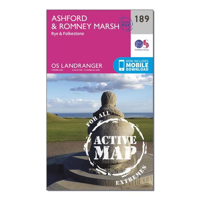 Pink Ordnance Survey Landranger Active 189 Ashford & Romney Marsh, Rye & Folkestone Map With Digital Version image 1