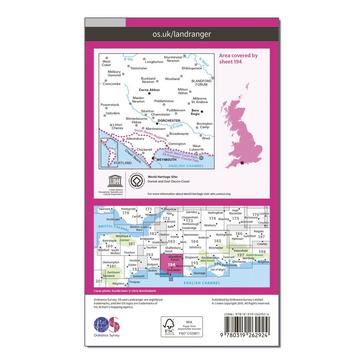 Pink Ordnance Survey Landranger 194 Dorchester & Weymouth, Cerne Abbas & Bere Regis Map With Digital Version