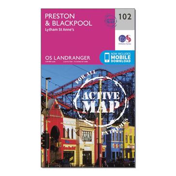 Pink Ordnance Survey Landranger Active 102 Preston & Blackpool, Lytham Map With Digital Version