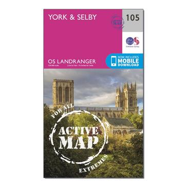 Pink Ordnance Survey Landranger Active 105 York & Selby Map With Digital Version