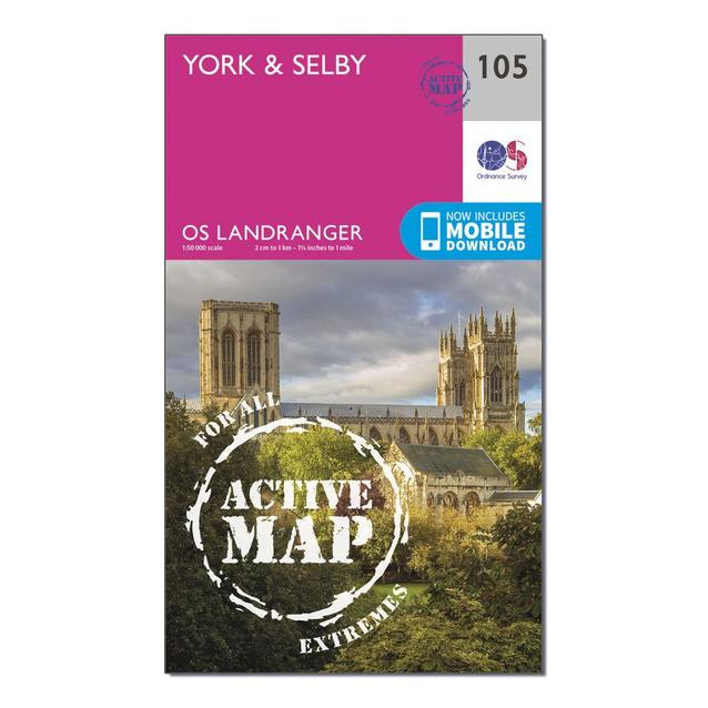 Pink Ordnance Survey Landranger Active 105 York & Selby Map With Digital Version image 1