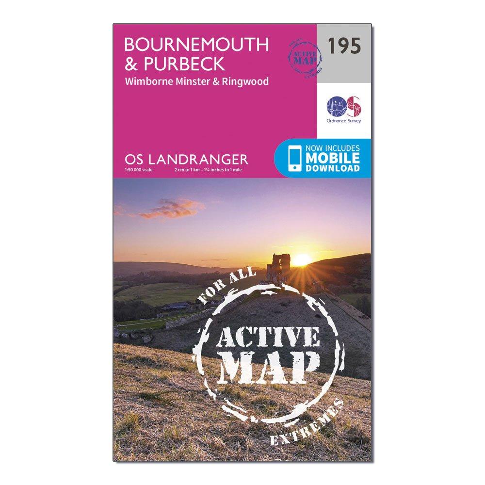 Image of Ordnance Survey Landranger Active 195 Bournemouth & Purbeck, Wimborne Minster & Ringwood Map With Digital Version - Pink, Pink