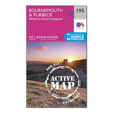 Pink Ordnance Survey Landranger Active 195 Bournemouth & Purbeck, Wimborne Minster & Ringwood Map With Digital Version