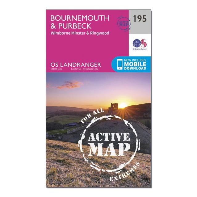 Pink Ordnance Survey Landranger Active 195 Bournemouth & Purbeck, Wimborne Minster & Ringwood Map With Digital Version image 1