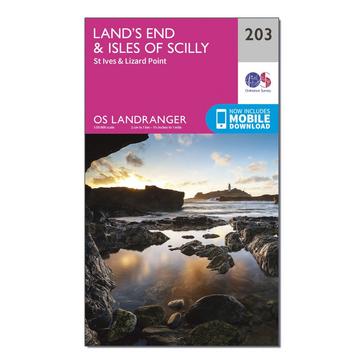 Pink Ordnance Survey Landranger 203 Land's End & Isles of Scilly, St Ives & Lizard Point Map With Digital Version