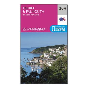 Pink Ordnance Survey Landranger 204 Truro & Falmouth, Roseland Peninsula Map With Digital Version