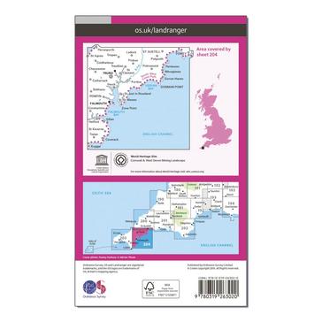 Pink Ordnance Survey Landranger 204 Truro & Falmouth, Roseland Peninsula Map With Digital Version