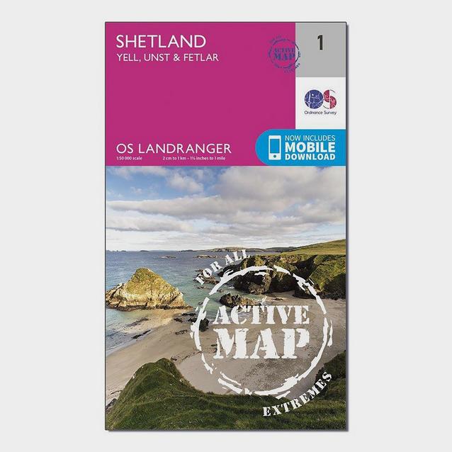 Pink Ordnance Survey Landranger Active 1 - Shetland  Yell, Unst and Fetlar Map With Digital Version image 1