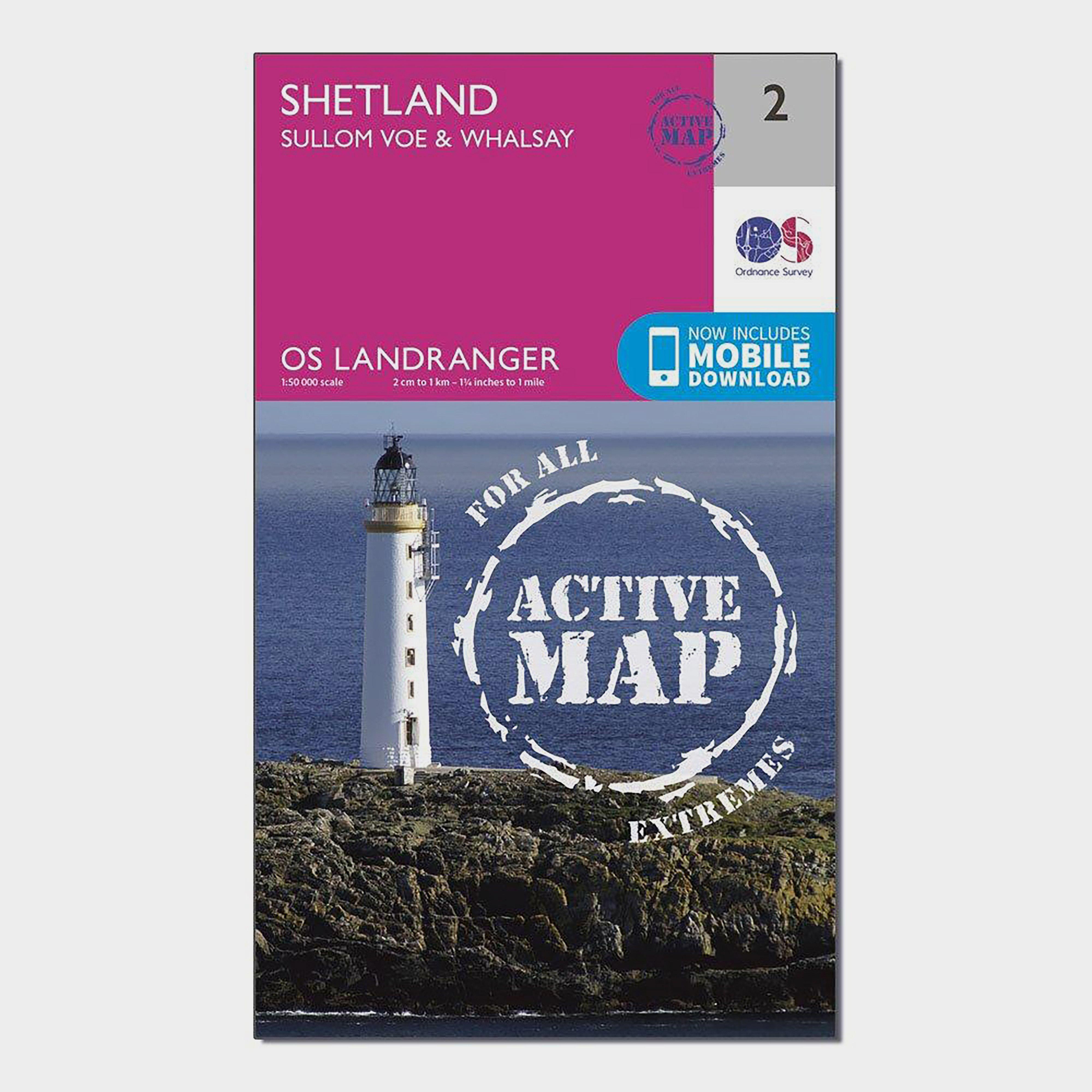 Image of Ordnance Survey Landranger Active 2 Shetland Sullom Voe & Whalsay Map With Digital Version - Pink, Pink