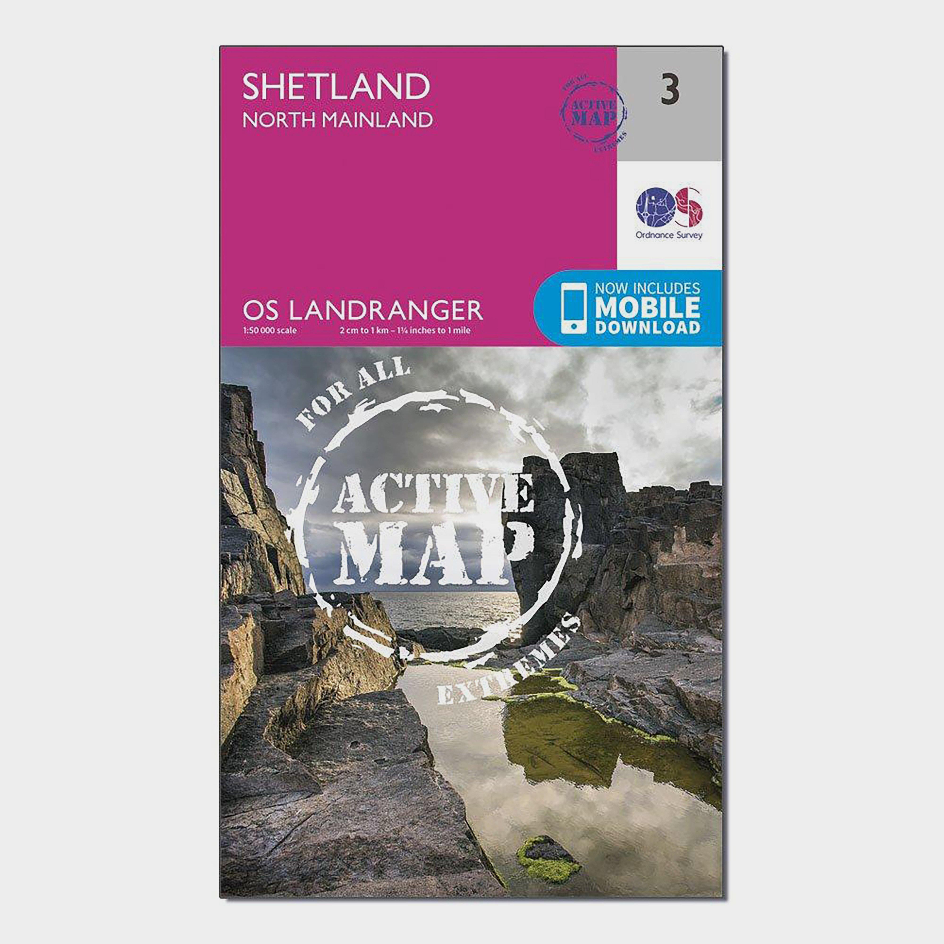 Image of Ordnance Survey Landranger Active 3 Shetland Sullom Voe & Whalsay Map With Digital Version - Pink, Pink