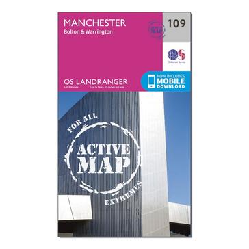 Pink Ordnance Survey Landranger Active 109 Manchester, Bolton & Warrington Map With Digital Version