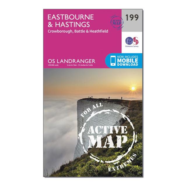Pink Ordnance Survey Landranger Active 199 Eastbourne & Hastings, Battle & Heathfield Map With Digital Version image 1