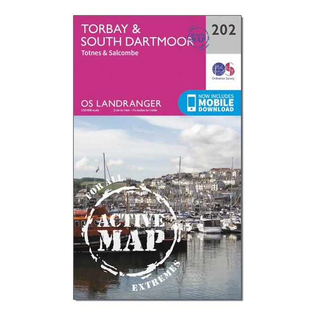 Pink Ordnance Survey Landranger Active 202 Torbay, South Darrmoor, Totnes & Salcombe Map With Digital Version image 1