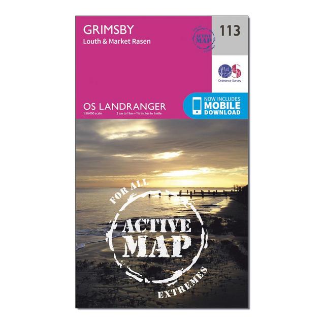 Pink Ordnance Survey Landranger Active 113 Grimsby, Louth & Market Rasen Map With Digital Version image 1