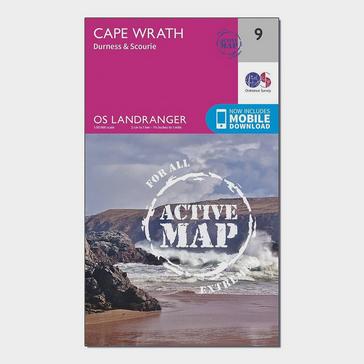 Pink Ordnance Survey Landranger Active 9 Cape Wrath, Durness & Scourie Map With Digital Version