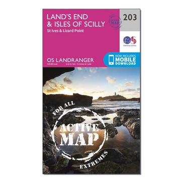 Pink Ordnance Survey Landranger Active 203 Land's End, Isles of Scilly, St Ives & Lizard Point Map With Digital Version