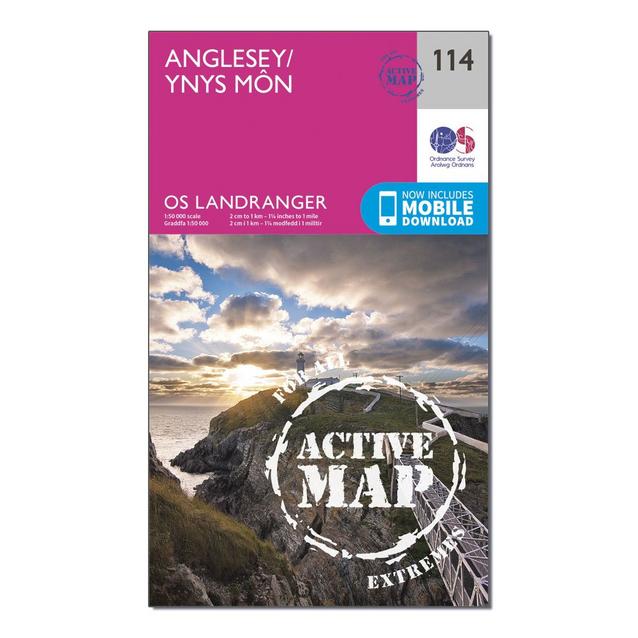 Pink Ordnance Survey Landranger Active 114 Anglesey Map With Digital Version image 1