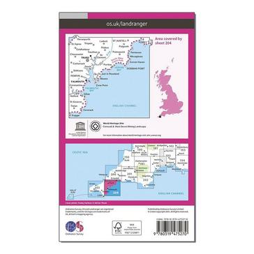 Pink Ordnance Survey Landranger Active 204 Truro, Falmouth & Roseland Peninsula Map With Digital Version