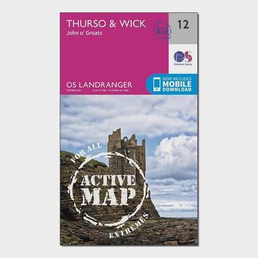 Pink Ordnance Survey Landranger Active 12 Thurso & Wick, John O'Groats Map With Digital Version