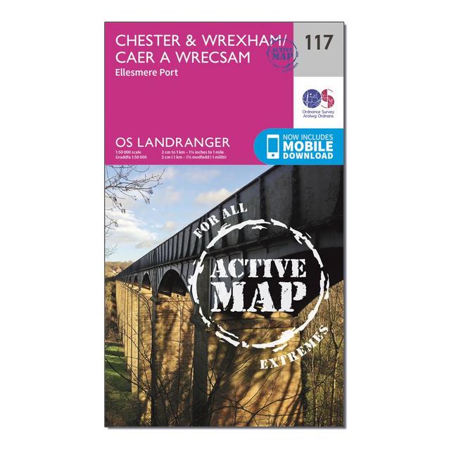 Pink Ordnance Survey Landranger Active 117 Chester & Wrexham, Ellesmere Port Map With Digital Version image 1