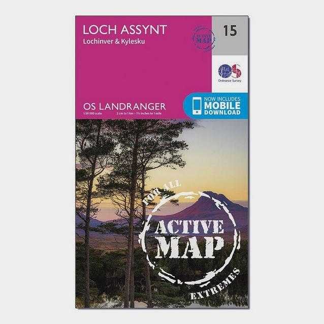 Pink Ordnance Survey Landranger Active 15 Loch Assynt, Lochinver & Kylesku Map With Digital Version image 1