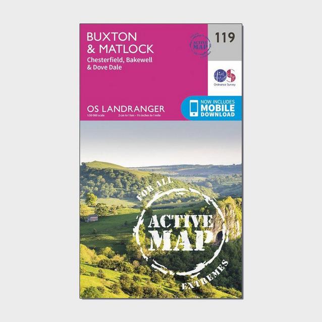 Pink Ordnance Survey Landranger Active 119 Buxton & Matlock, Chesterfield, Bakewell & Dove Dale Map With Digital Version image 1