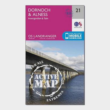 Pink Ordnance Survey Landranger Active 21 Dornoch & Alness, Invergordon & Tain Map With Digital Version