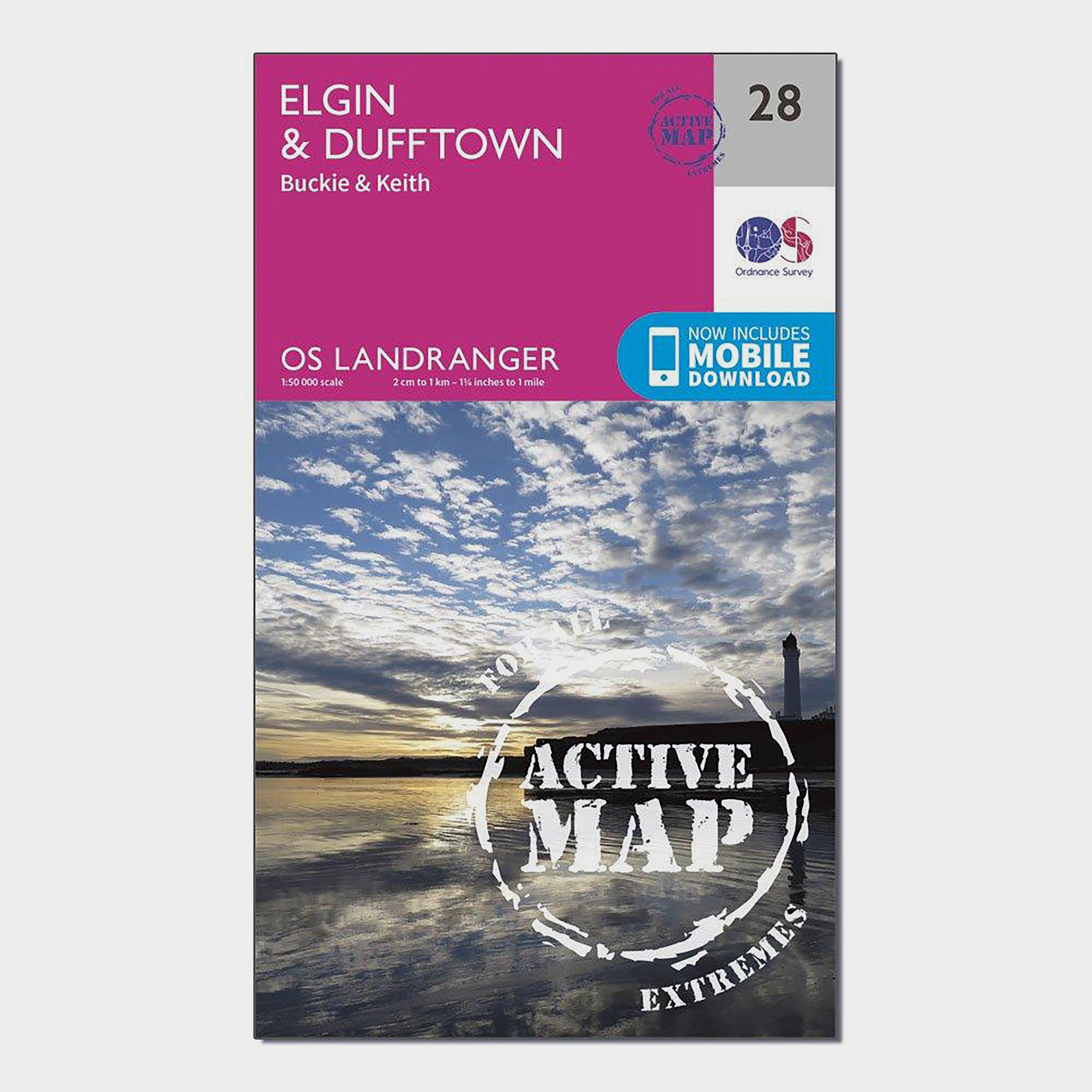 Image of Ordnance Survey Landranger Active 28 Elgin, Dufftown, Buckie & Keith Map With Digital Version - Pink, Pink