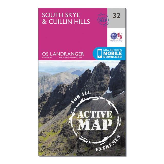 Pink Ordnance Survey Landranger Active 32 South Skye & Cuillin Hills Map With Digital Version image 1