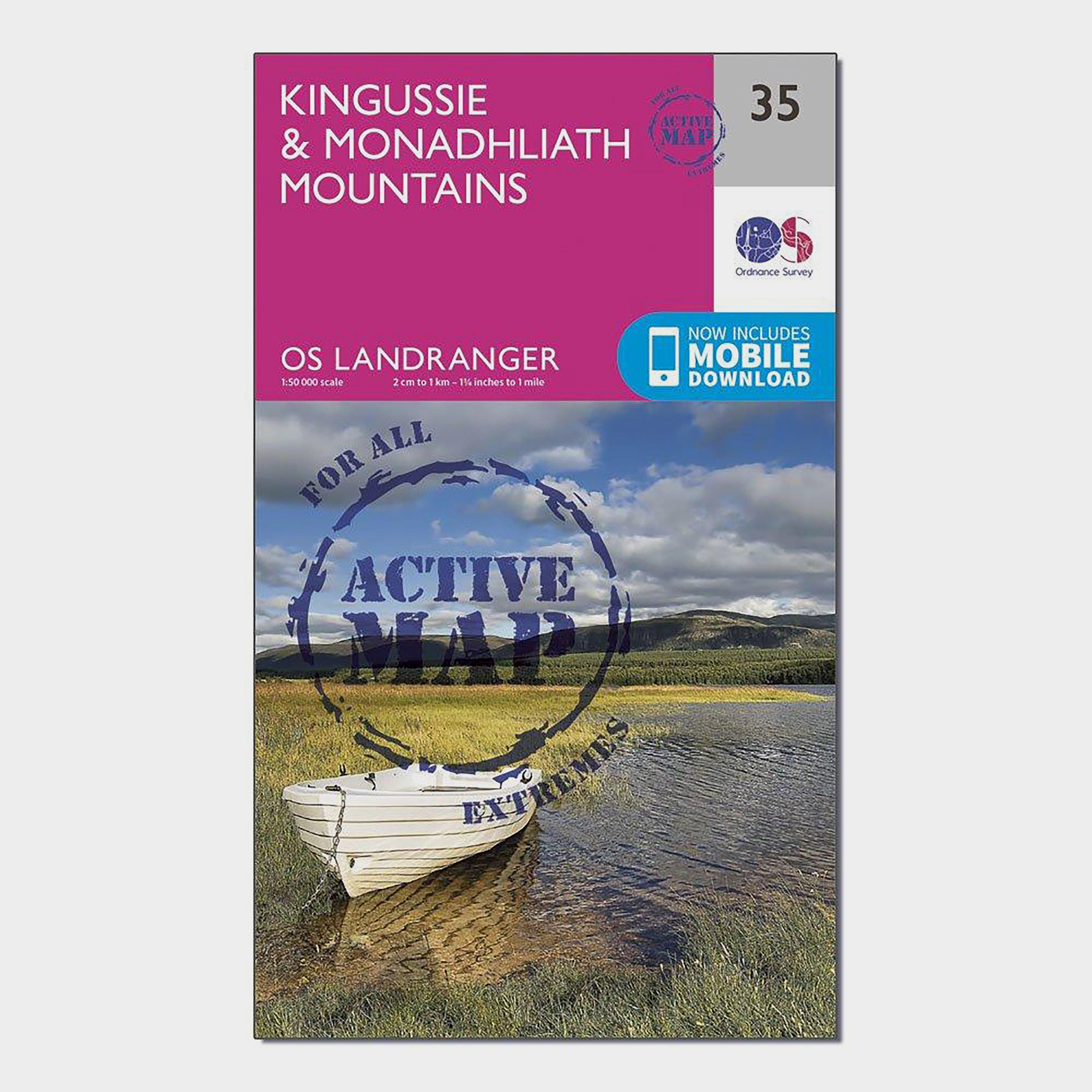 Image of Ordnance Survey Landranger Active 35 Kingussie & Monadhliath Mountains Map With Digital Version - Pink, Pink