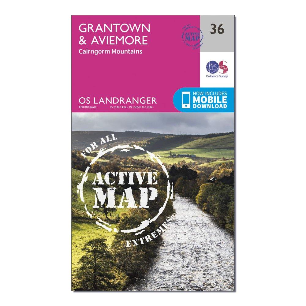Image of Ordnance Survey Landranger Active 36 Grantown, Aviemore & Cairngorm Mountains Map With Digital Version - Pink, Pink