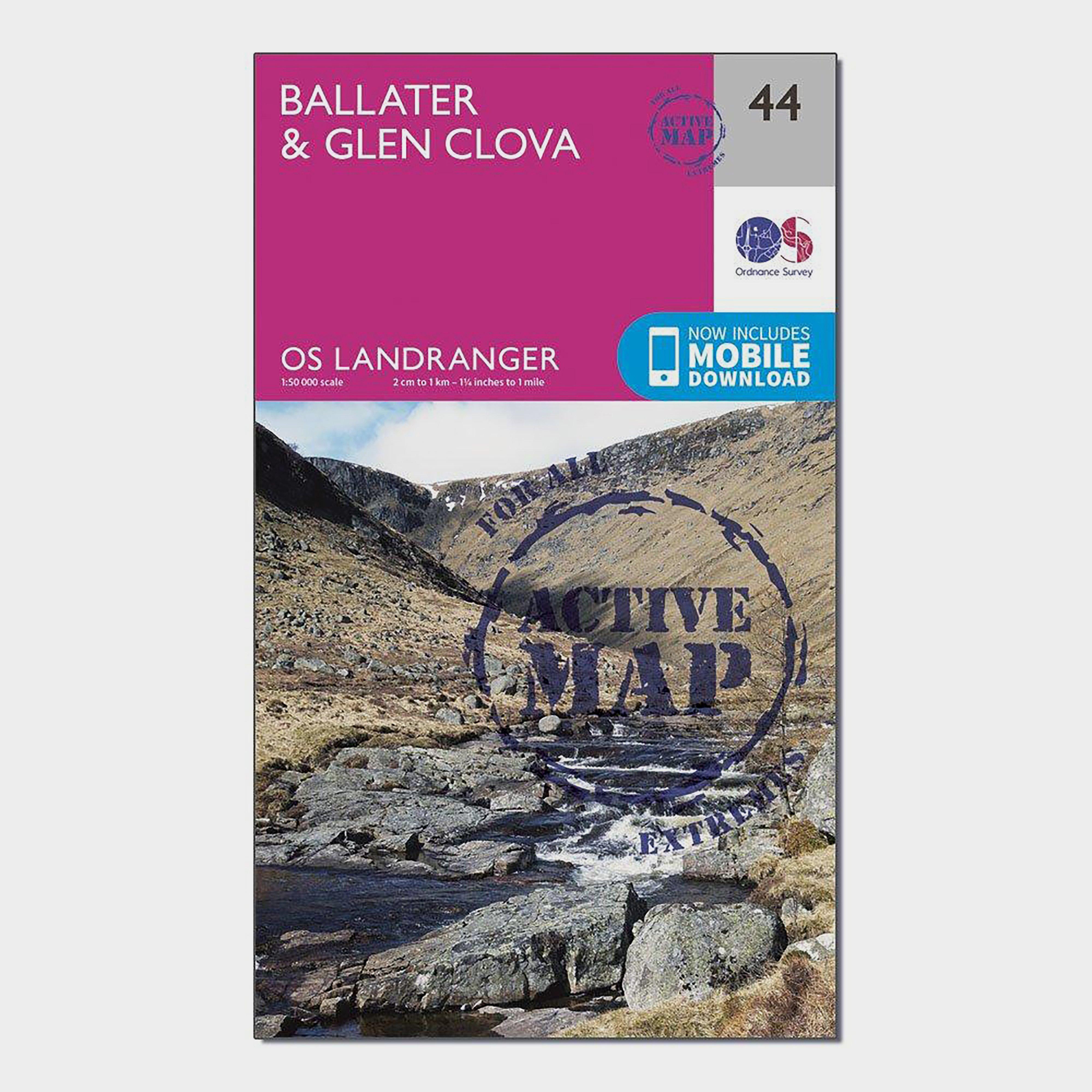 Image of Ordnance Survey Landranger Active 44 Ballater & Glen Clova Map With Digital Version - Pink, Pink