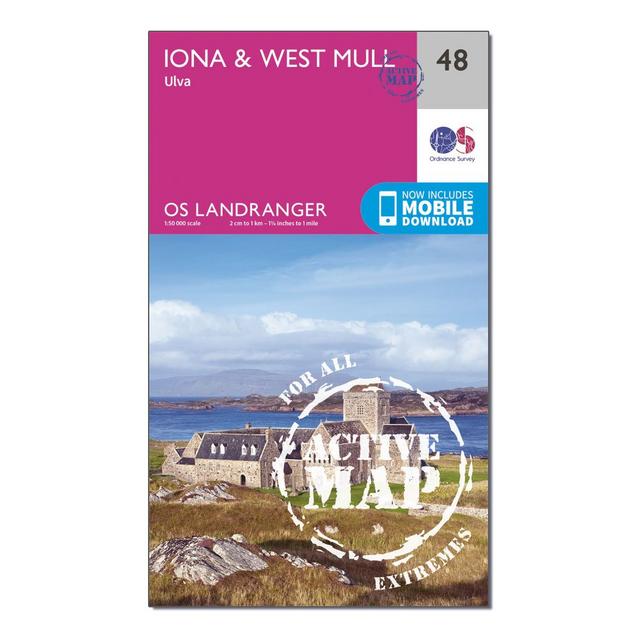 Pink Ordnance Survey Landranger Active 48 Iona & West Mull, Ulva Map With Digital Version image 1