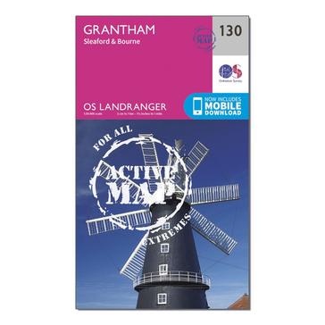 Pink Ordnance Survey Landranger Active 130 Grantham, Sleaford & Bourne Map With Digital Version