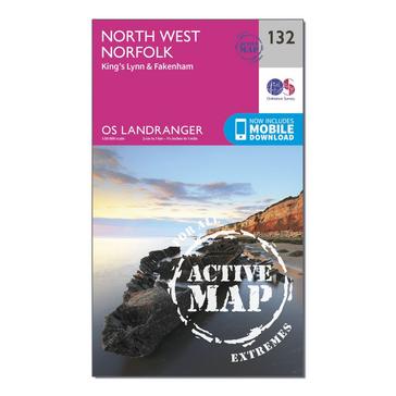 Pink Ordnance Survey Landranger Active 132 North West Norfolk, King's Lynn & Fakenham Map With Digital Version