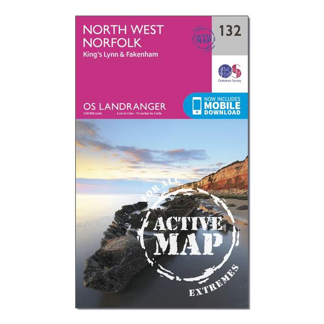 Pink Ordnance Survey Landranger Active 132 North West Norfolk, King's Lynn & Fakenham Map With Digital Version image 1